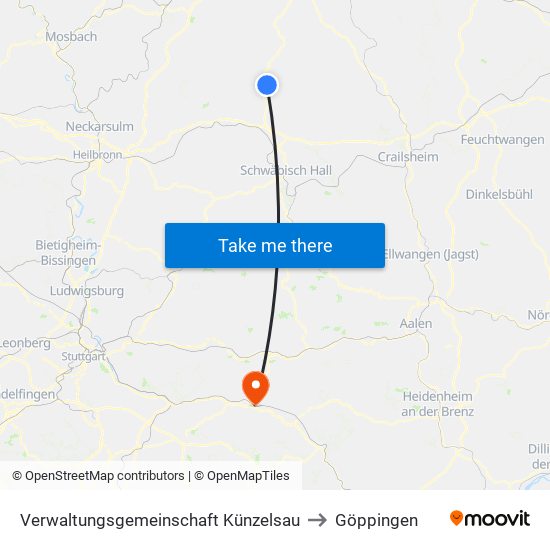 Verwaltungsgemeinschaft Künzelsau to Göppingen map