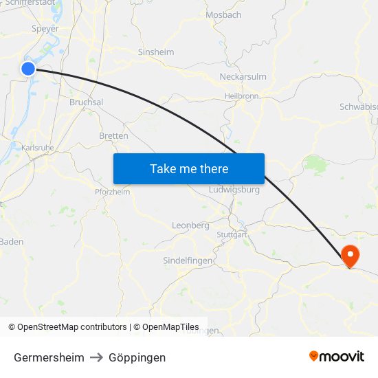 Germersheim to Göppingen map