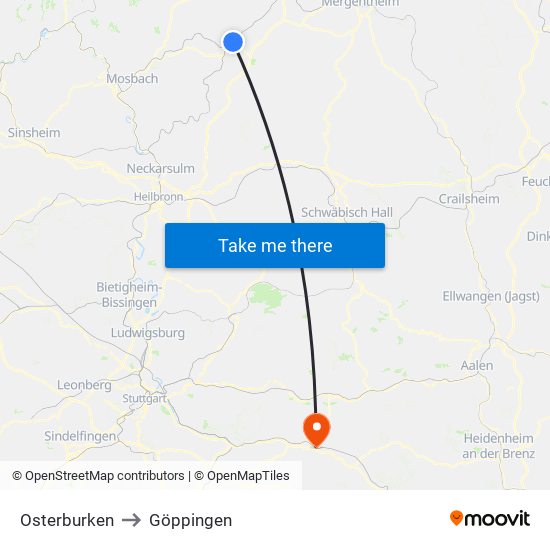 Osterburken to Göppingen map