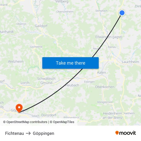 Fichtenau to Göppingen map