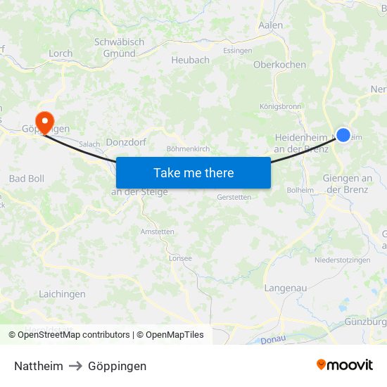Nattheim to Göppingen map