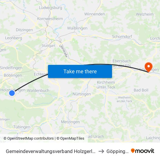 Gemeindeverwaltungsverband Holzgerlingen to Göppingen map