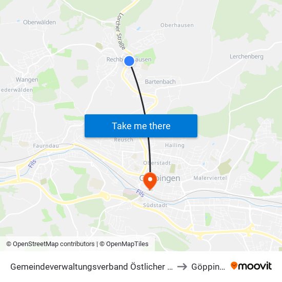 Gemeindeverwaltungsverband Östlicher Schurwald to Göppingen map