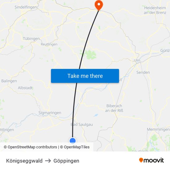 Königseggwald to Göppingen map
