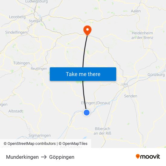 Munderkingen to Göppingen map