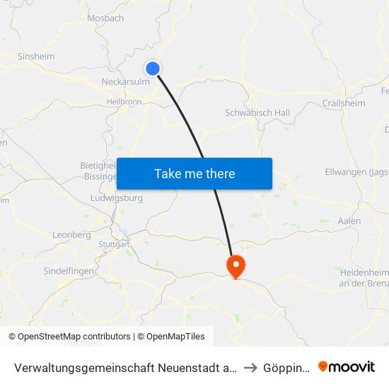 Verwaltungsgemeinschaft Neuenstadt am Kocher to Göppingen map