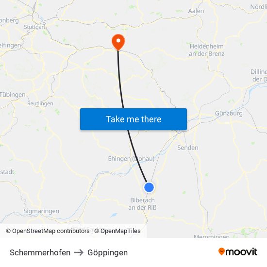 Schemmerhofen to Göppingen map