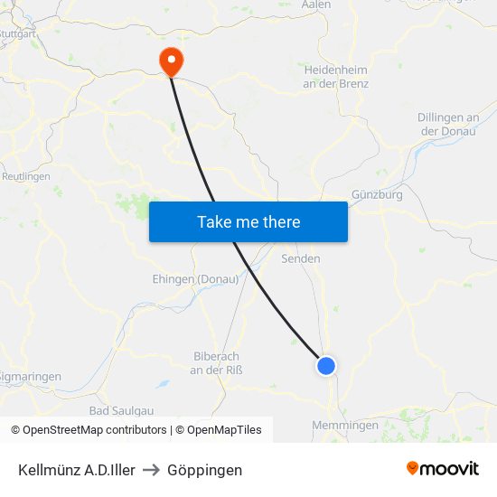 Kellmünz A.D.Iller to Göppingen map