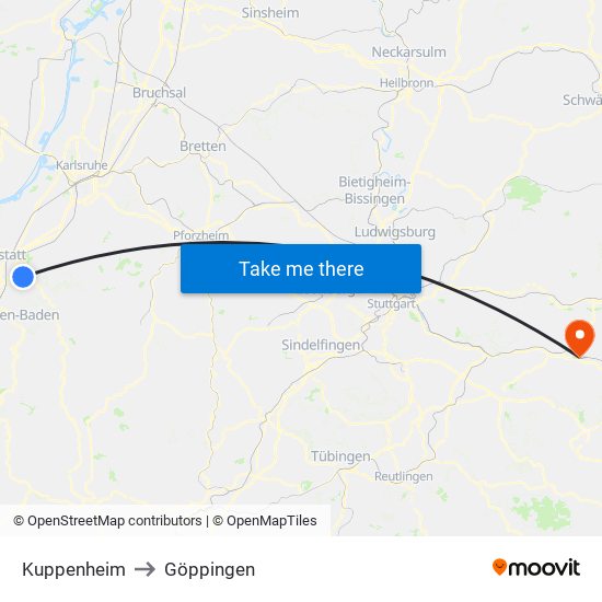 Kuppenheim to Göppingen map