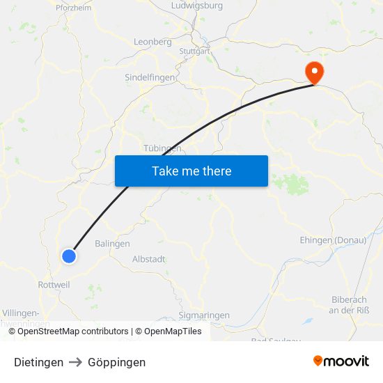 Dietingen to Göppingen map