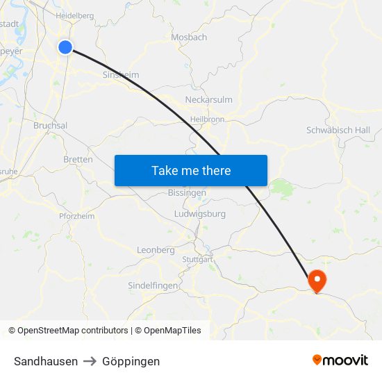 Sandhausen to Göppingen map