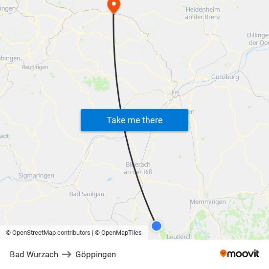 Bad Wurzach to Göppingen map