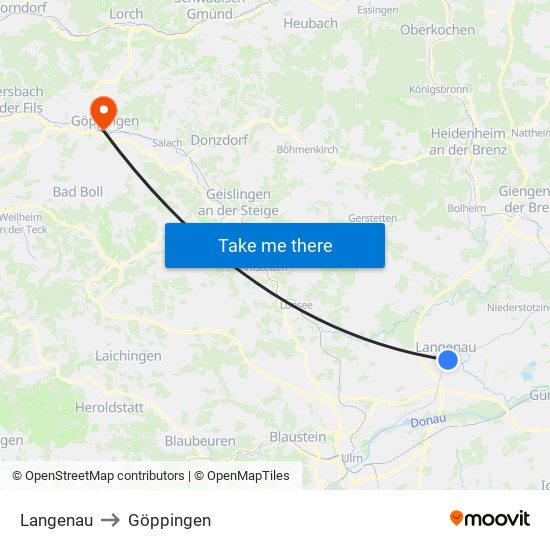 Langenau to Göppingen map