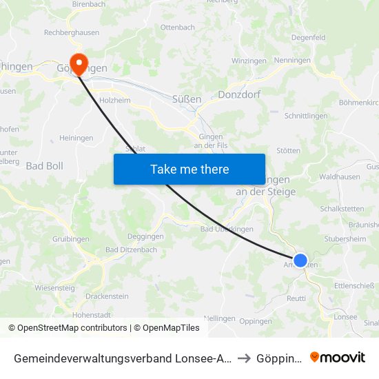 Gemeindeverwaltungsverband Lonsee-Amstetten to Göppingen map