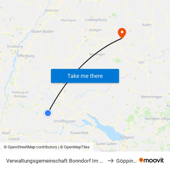 Verwaltungsgemeinschaft Bonndorf Im Schwarzwald to Göppingen map