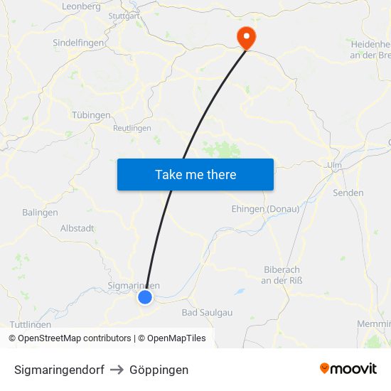 Sigmaringendorf to Göppingen map