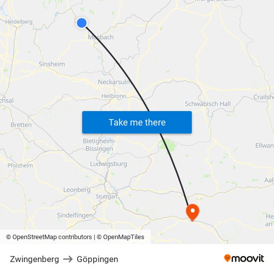 Zwingenberg to Göppingen map