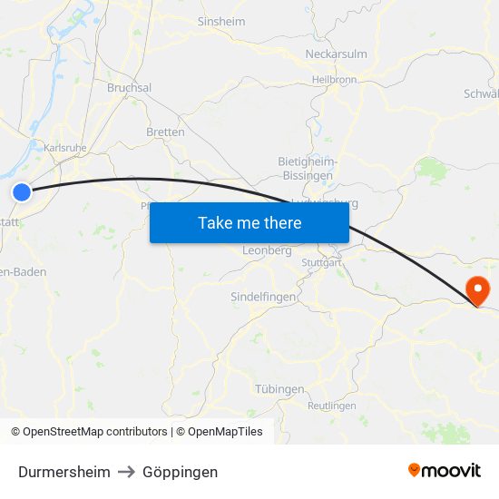 Durmersheim to Göppingen map