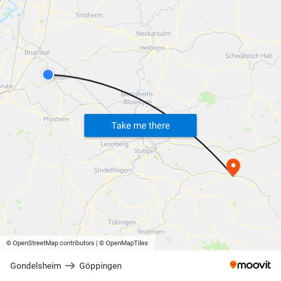 Gondelsheim to Göppingen map