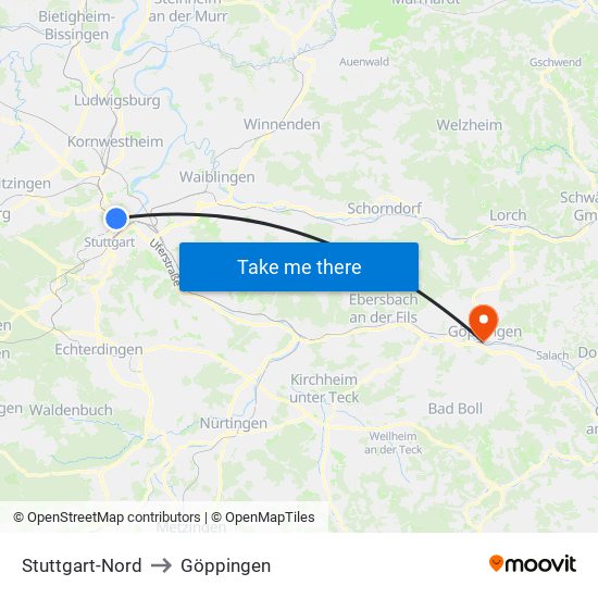 Stuttgart-Nord to Göppingen map