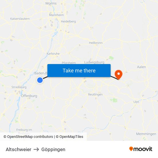 Altschweier to Göppingen map