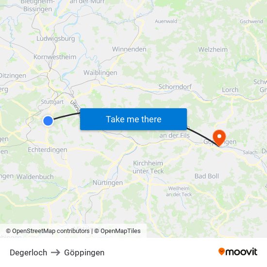Degerloch to Göppingen map