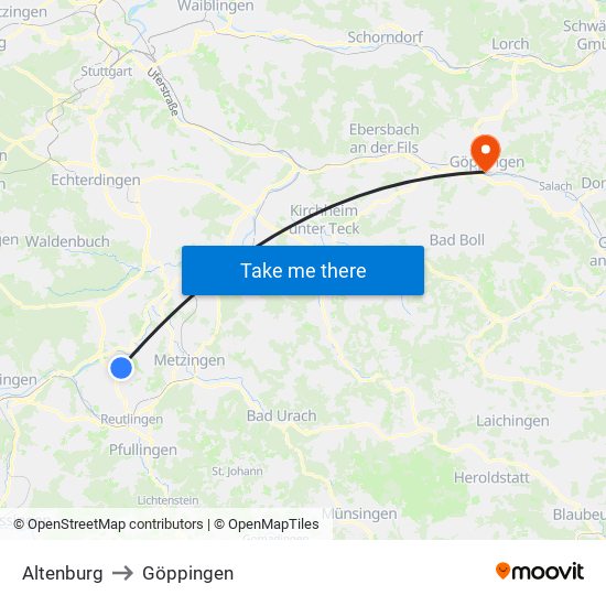 Altenburg to Göppingen map
