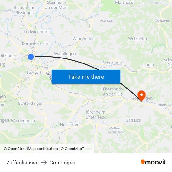 Zuffenhausen to Göppingen map