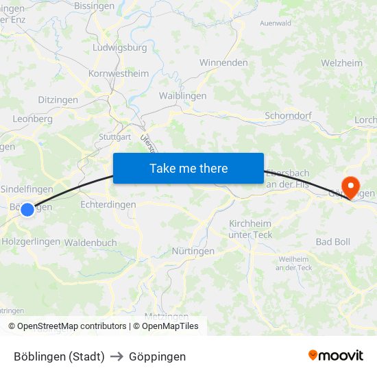 Böblingen (Stadt) to Göppingen map