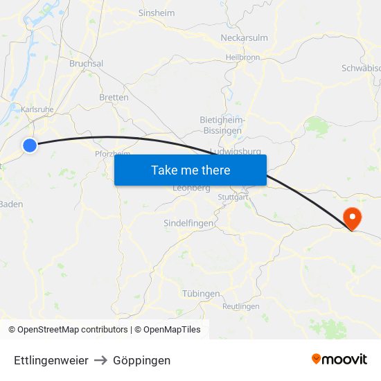 Ettlingenweier to Göppingen map