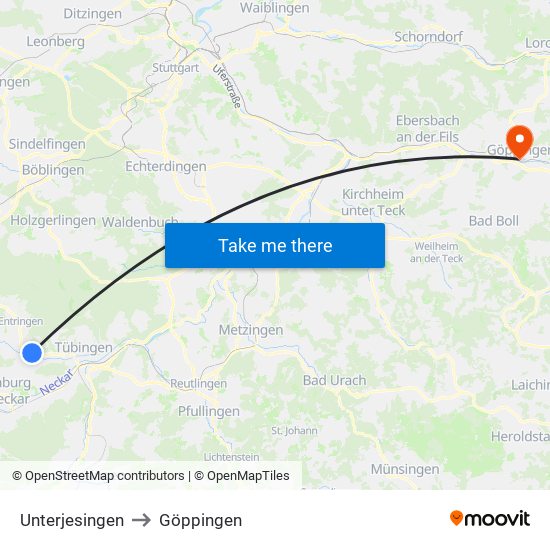 Unterjesingen to Göppingen map