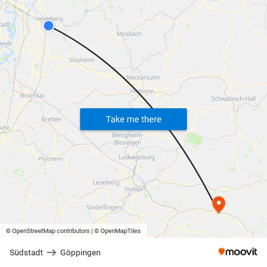 Südstadt to Göppingen map