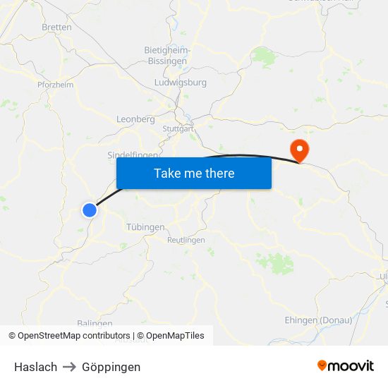 Haslach to Göppingen map