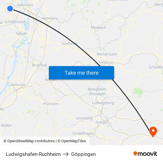 Ludwigshafen-Ruchheim to Göppingen map