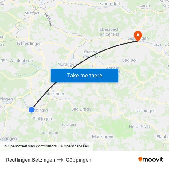 Reutlingen-Betzingen to Göppingen map