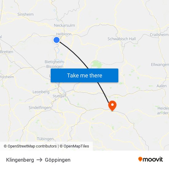Klingenberg to Göppingen map