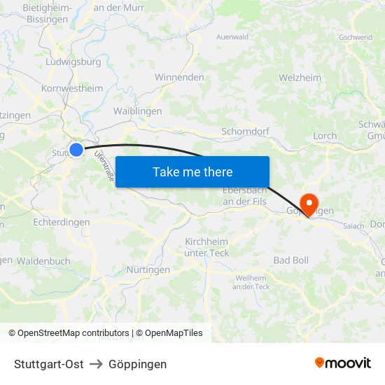Stuttgart-Ost to Göppingen map