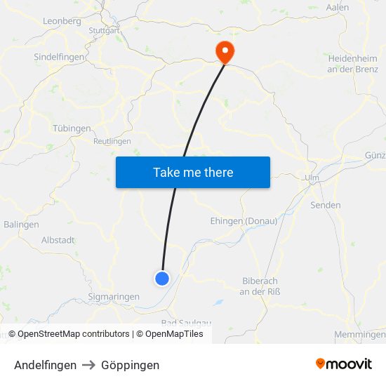 Andelfingen to Göppingen map