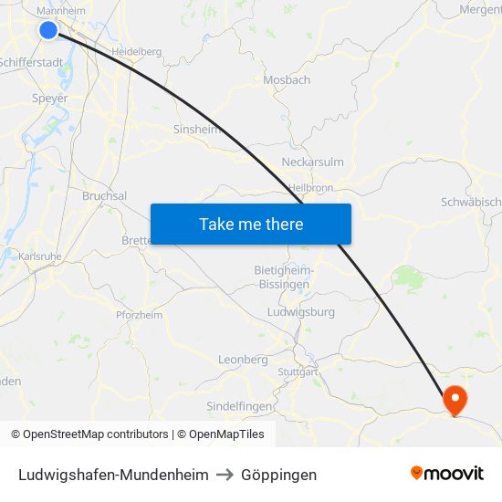 Ludwigshafen-Mundenheim to Göppingen map