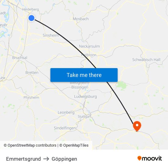 Emmertsgrund to Göppingen map