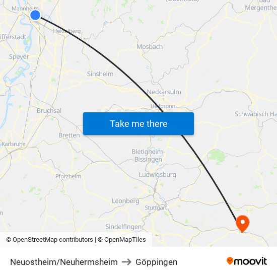 Neuostheim/Neuhermsheim to Göppingen map