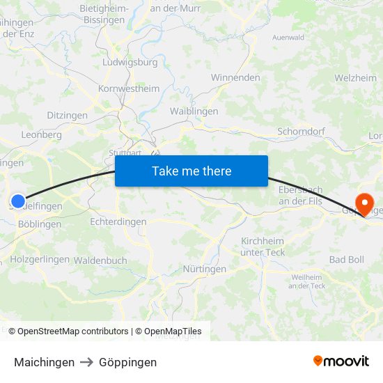 Maichingen to Göppingen map
