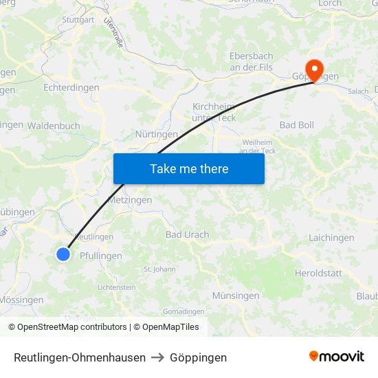 Reutlingen-Ohmenhausen to Göppingen map