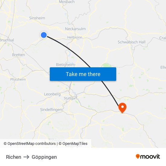 Richen to Göppingen map