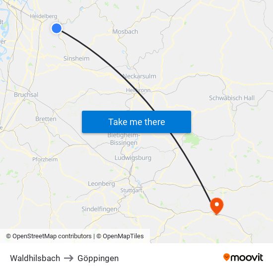 Waldhilsbach to Göppingen map