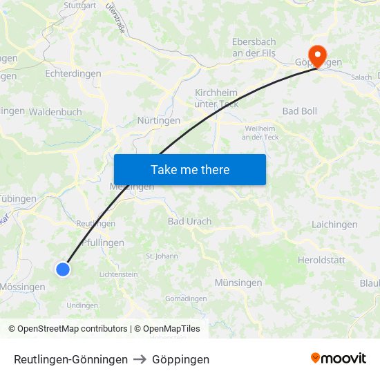 Reutlingen-Gönningen to Göppingen map