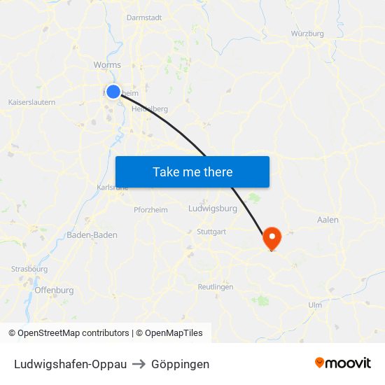 Ludwigshafen-Oppau to Göppingen map