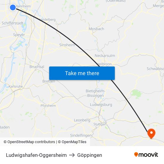 Ludwigshafen-Oggersheim to Göppingen map