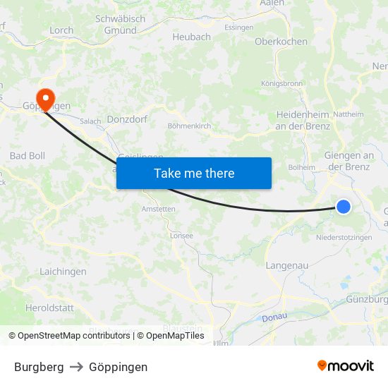 Burgberg to Göppingen map