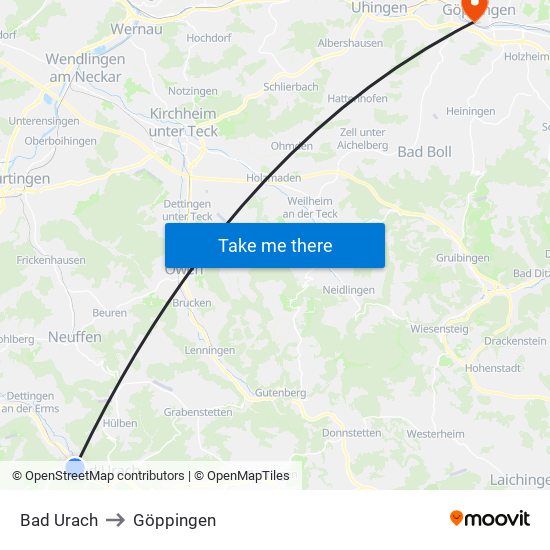 Bad Urach to Göppingen map